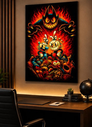 Inkwell Isles Reckoning Cuphead and Mugman metal wall art displayed in a realistic modern office without visible corner mounts
