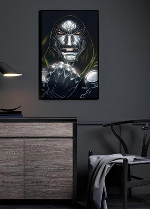 Iron Tyrant Ascendant Canvas and Metal print room mockup featuring Doctor Doom, Marvel wall art.
