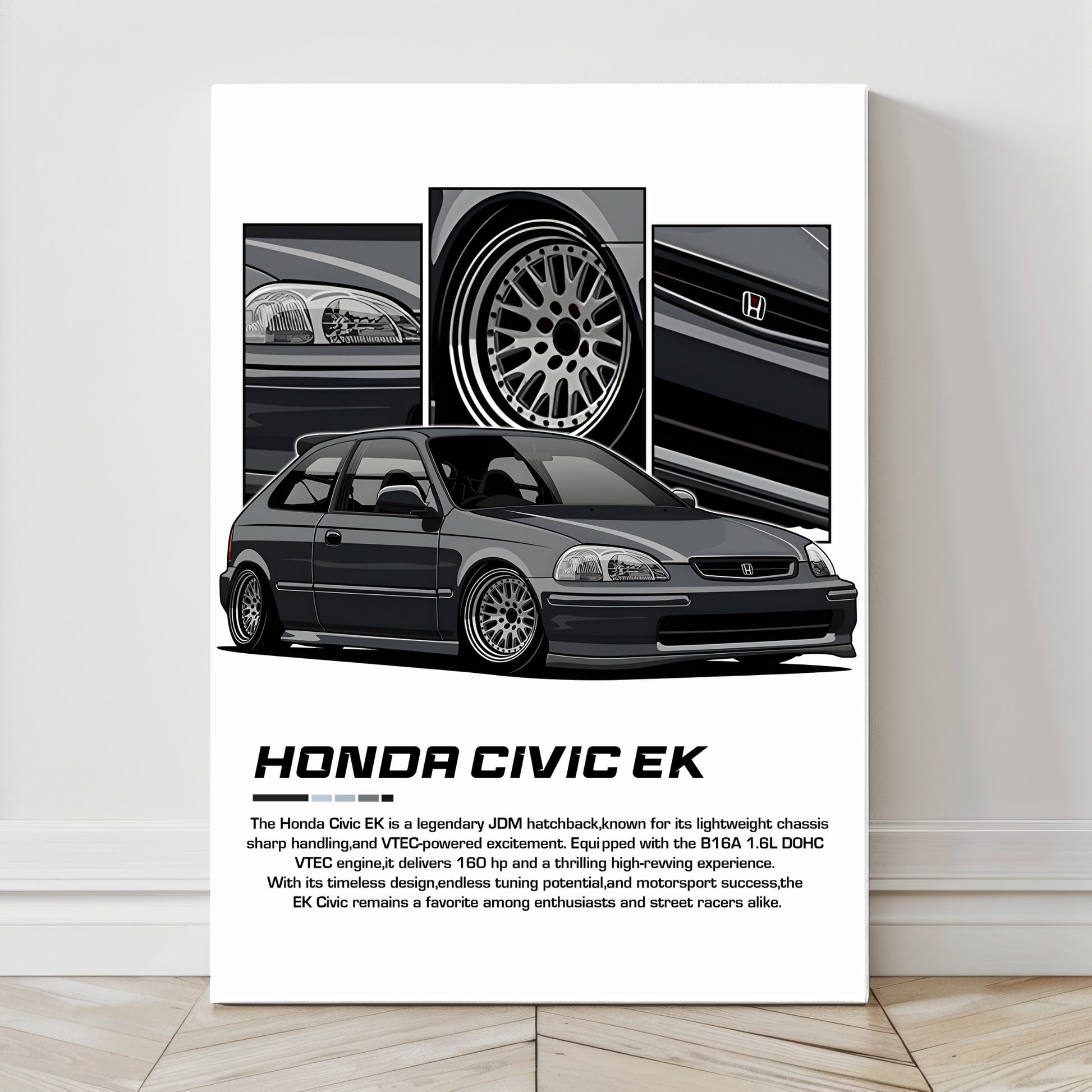 12x18 metal print of JDM Civic EK build with close-up tuning features