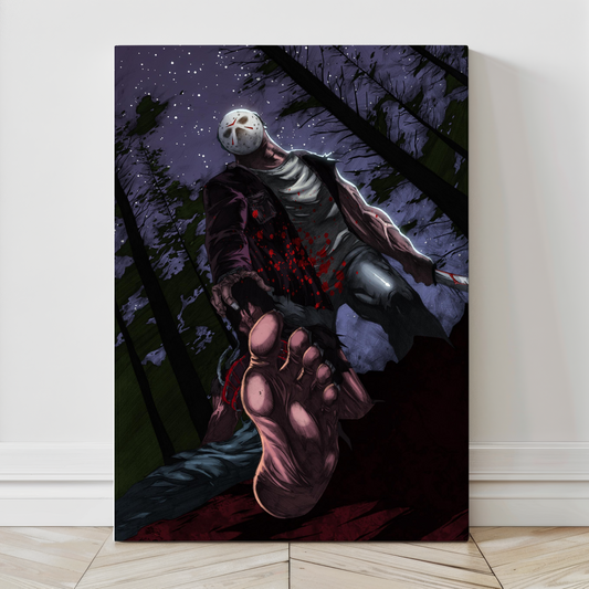 "Campfire Shadows – Jason Voorhees Wall Art on canvas, acrylic, and metal – Jason lurking in the woods with glowing mask and machete."

