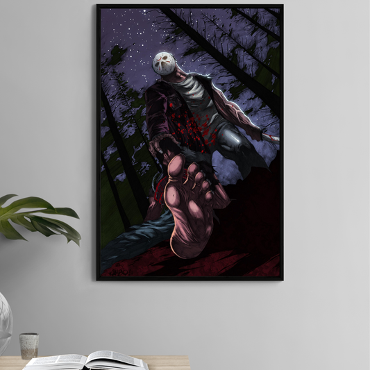 "Campfire Shadows – Jason Voorhees Wall Art on canvas, acrylic, and metal – Jason lurking in the woods with glowing mask and machete."