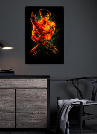 Kazama Flame Strike acrylic wall art showing Jin Kazama mid-stance