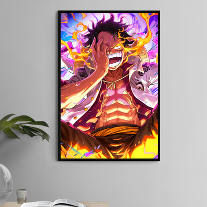  Gear 5 Luffy 11x17 anime print with fire and chaotic laugh – Snapping Turtle Gallery