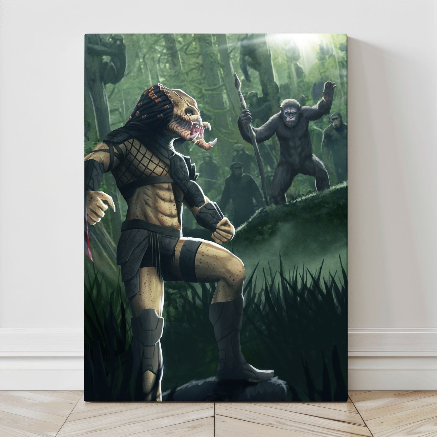 Canvas — tense jungle standoff of hunter and apes with cinematic backlight; artwork by Ben Asher.