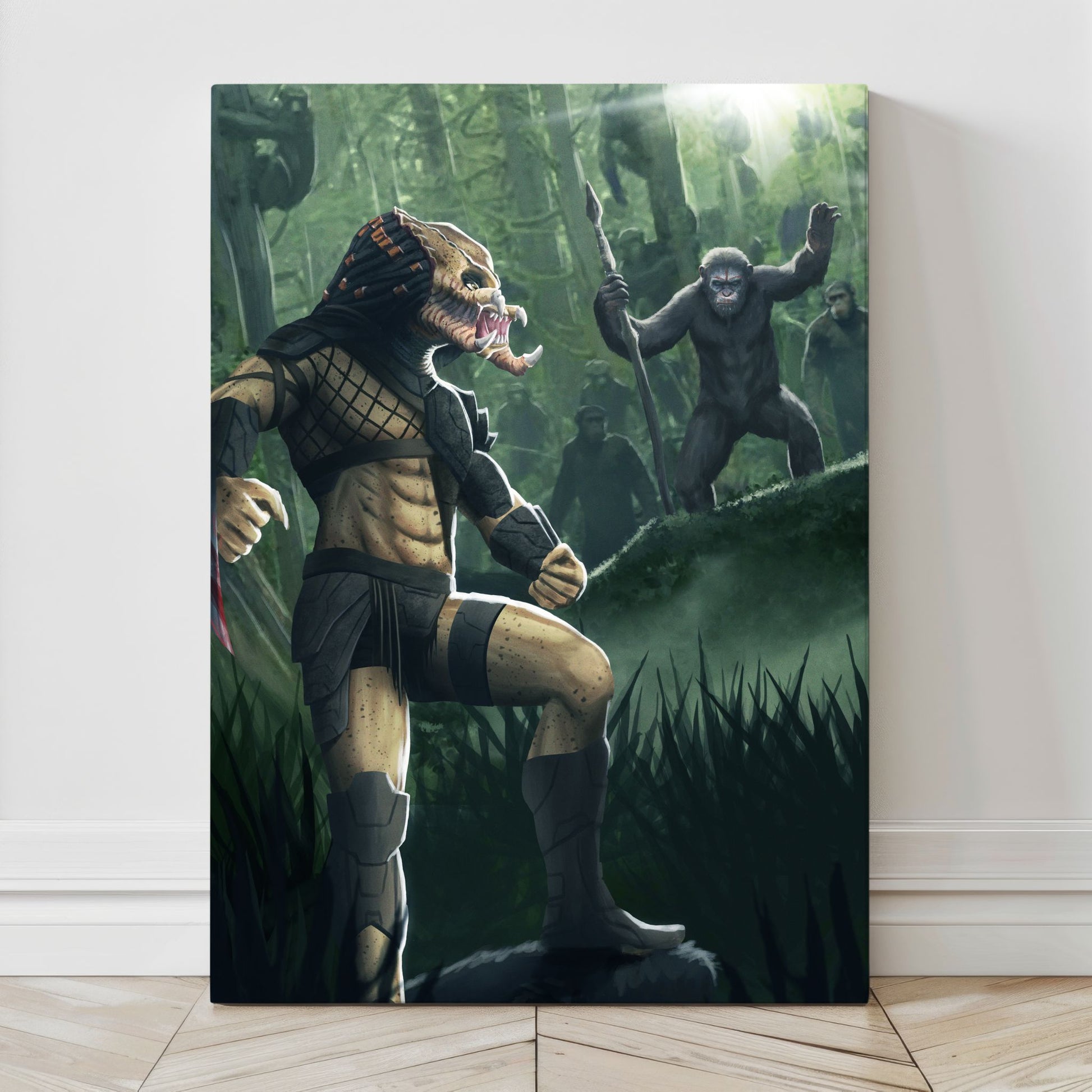 Canvas — tense jungle standoff of hunter and apes with cinematic backlight; artwork by Ben Asher.