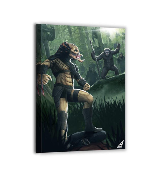 Canvas — tense jungle standoff of hunter and apes with cinematic backlight; artwork by Ben Asher.