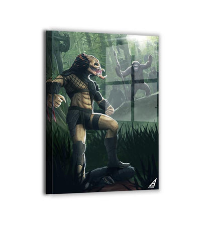 Metal — sleek metallic finish; towering hunter in armor, ape tribe advancing; art by Ben Asher.