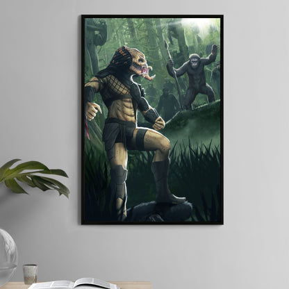Poster — masked extraterrestrial hunter facing spear-wielding apes in a foggy jungle; art by Ben Asher.