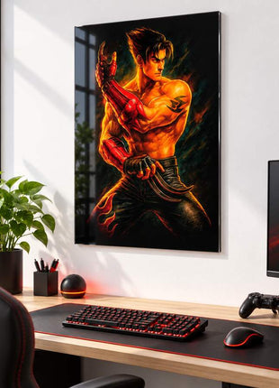 Kazama Flame Strike Jin Kazama acrylic wall art in a bright gaming office