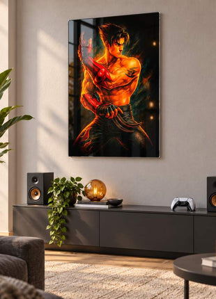 Kazama Flame Strike Jin Kazama acrylic wall art in a modern media lounge