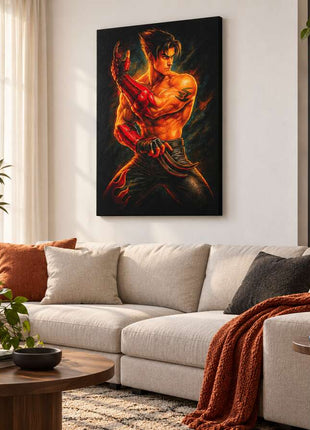 Kazama Flame Strike Jin Kazama canvas wall art in a cozy gaming lounge