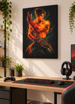 Kazama Flame Strike Jin Kazama canvas wall art in a bright gaming room
