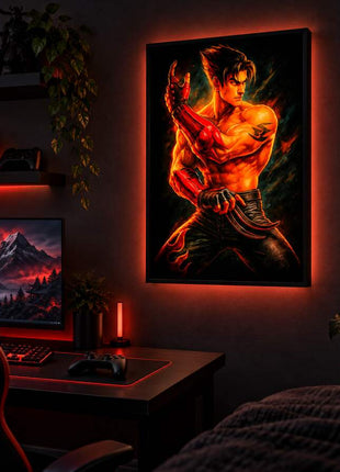 Kazama Flame Strike Jin Kazama LED lightbox wall art glowing in a dark gaming room