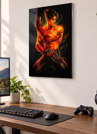 Kazama Flame Strike Jin Kazama metal wall art above a modern gaming desk