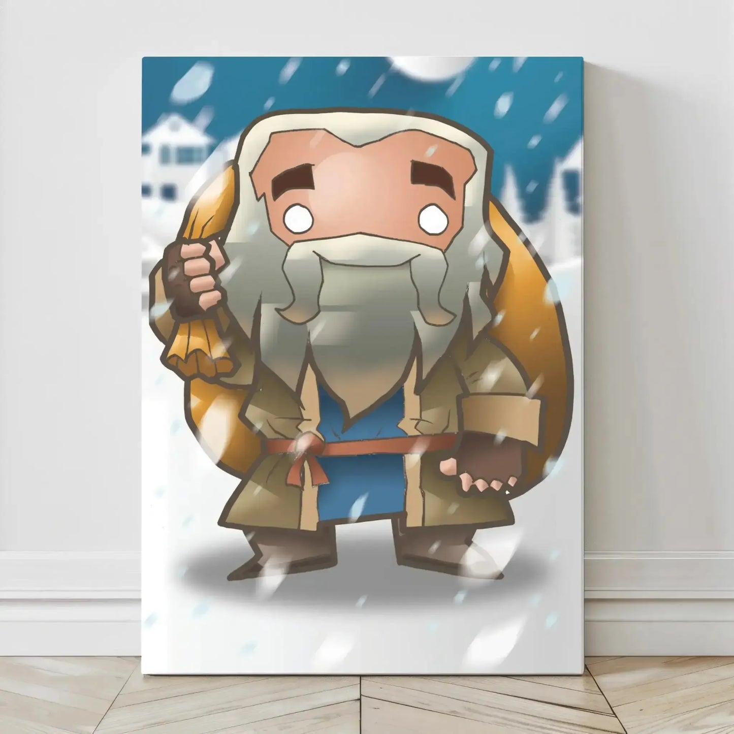 Canvas print of chibi-style Hagrid standing in the snow with sack and umbrella