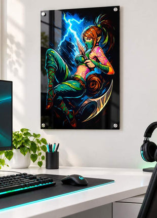 Kinkou Shadow Strike Akali acrylic wall art in a bright gaming office
