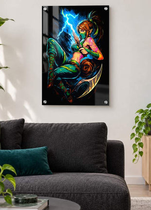 Kinkou Shadow Strike Akali acrylic wall art in a modern media lounge