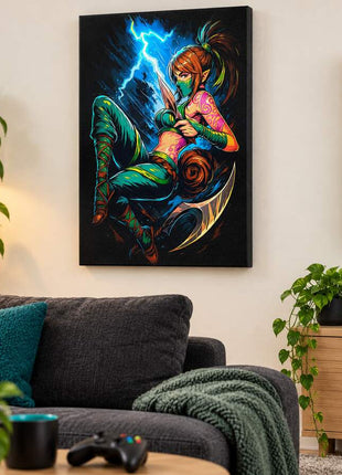 Kinkou Shadow Strike Akali canvas wall art in a cozy gaming lounge