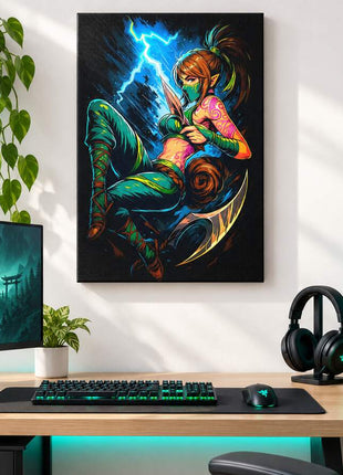 Kinkou Shadow Strike Akali canvas wall art in a bright gaming room