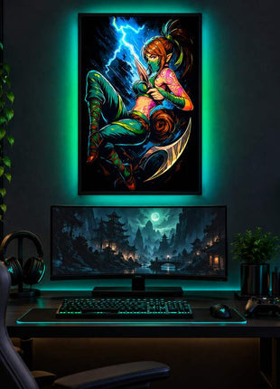 Kinkou Shadow Strike Akali LED lightbox wall art glowing in a dark gaming room