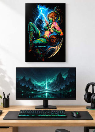 Kinkou Shadow Strike Akali metal wall art above a modern gaming desk
