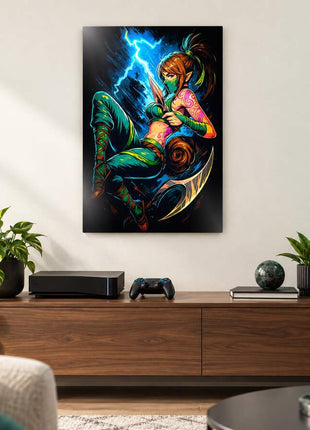 Kinkou Shadow Strike Akali metal wall art in a bright media room