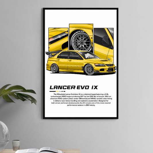 11x17 print of a yellow Lancer Evolution IX wall art featuring bold JDM styling