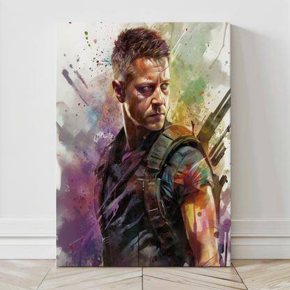 Large Hawkeye canvas wall art with dynamic paint stroke background