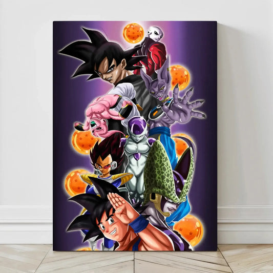 Canvas art of Dragon Ball Z sagas with Goku, Vegeta, Frieza, Buu, Cell, and Jiren in vertical stack
