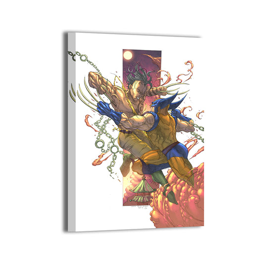 Canvas print of Wolverine fighting Daken against a glowing moon and temple backdrop