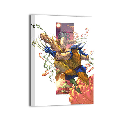 Gloss metal print of Wolverine vs Daken claw battle with fiery energy and chains  
