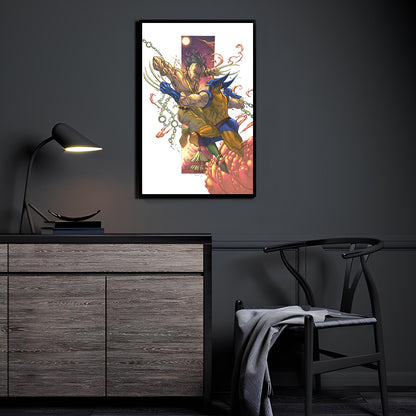 Poster print of Wolverine and Daken in mid-air battle with claws clashing and chains flying  
