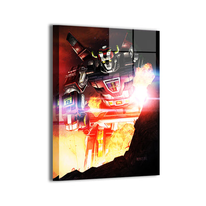 16x24 metal wall art of Voltron in mecha action against fiery sky