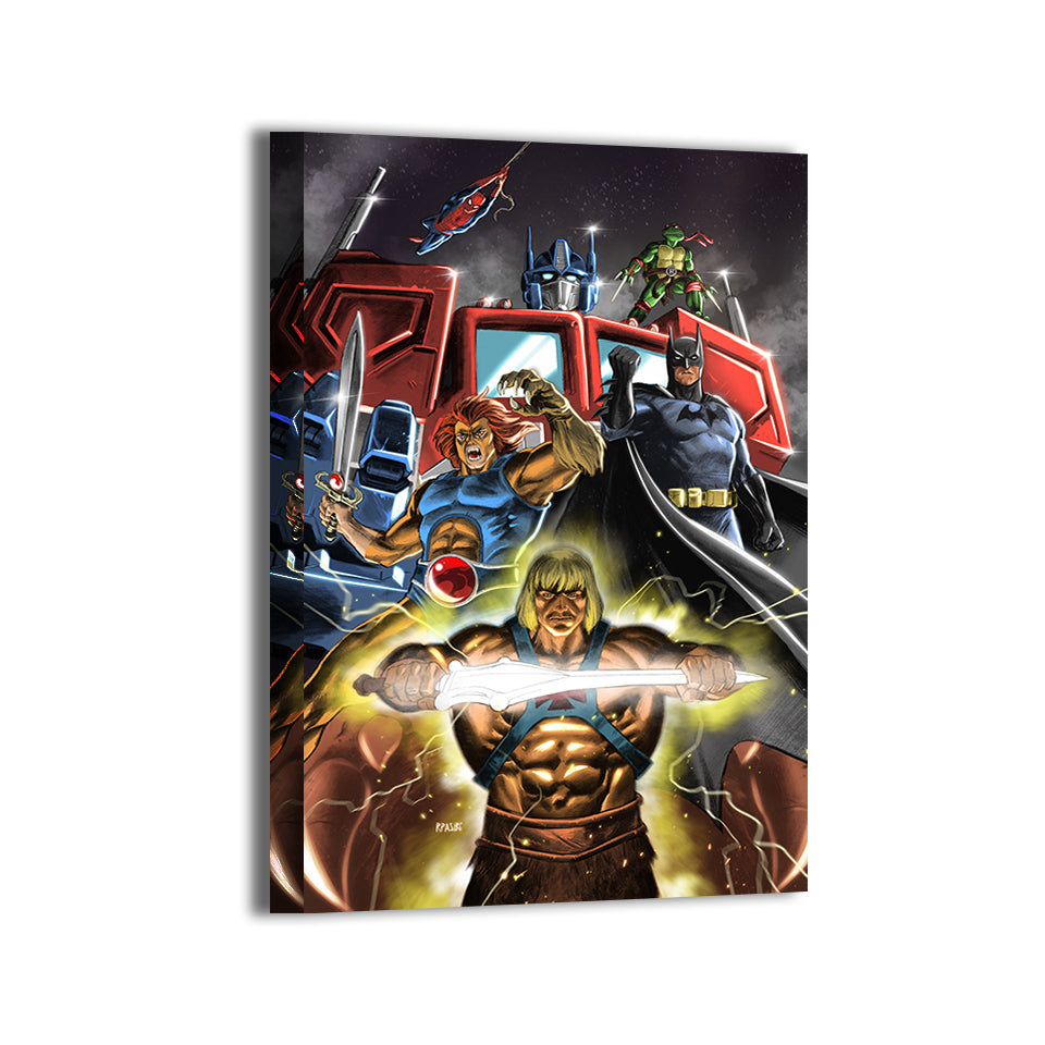 Canvas—glowing Power Sword, towering Optimus, dynamic hero lineup; Ryan Pasibe artwork.