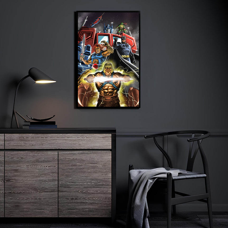 Room mockup—Legends United framed on wall, bold crossover centerpiece.