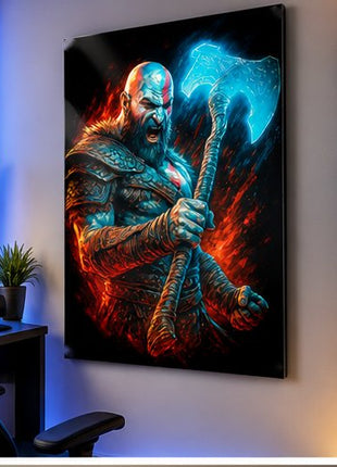 Leviathan Rage Kratos God of War acrylic wall art displayed in a realistic modern gaming office without visible corner mounts