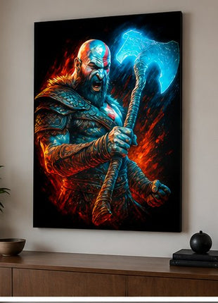 Leviathan Rage Kratos God of War acrylic wall art displayed above a modern console in a realistic living space without visible corner mounts