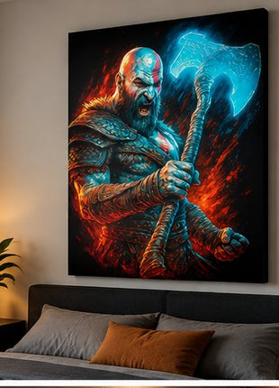Leviathan Rage Kratos God of War canvas wall art displayed above a bed in a realistic modern bedroom