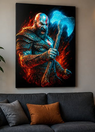 Leviathan Rage Kratos God of War canvas wall art displayed in a realistic modern living room