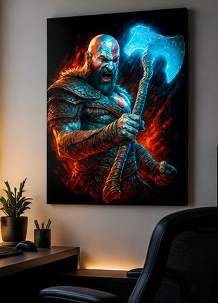 Leviathan Rage Kratos God of War metal wall art displayed in a realistic modern gaming office without visible corner mounts