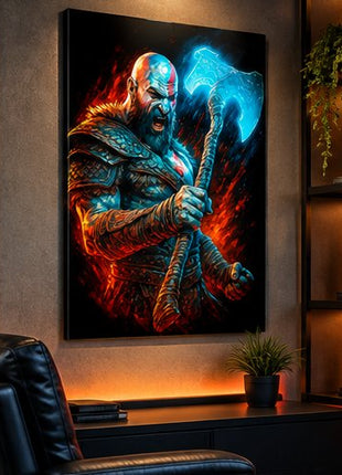 Leviathan Rage Kratos God of War metal wall art displayed in a realistic modern media lounge without visible corner mounts