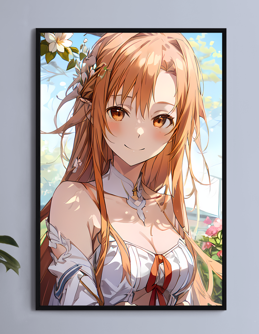 Asuna Yuuki close-up portrait in soft garden light, warm smile and flowing hair — poster print by Hikari Harmony, vivid color anime artwork.