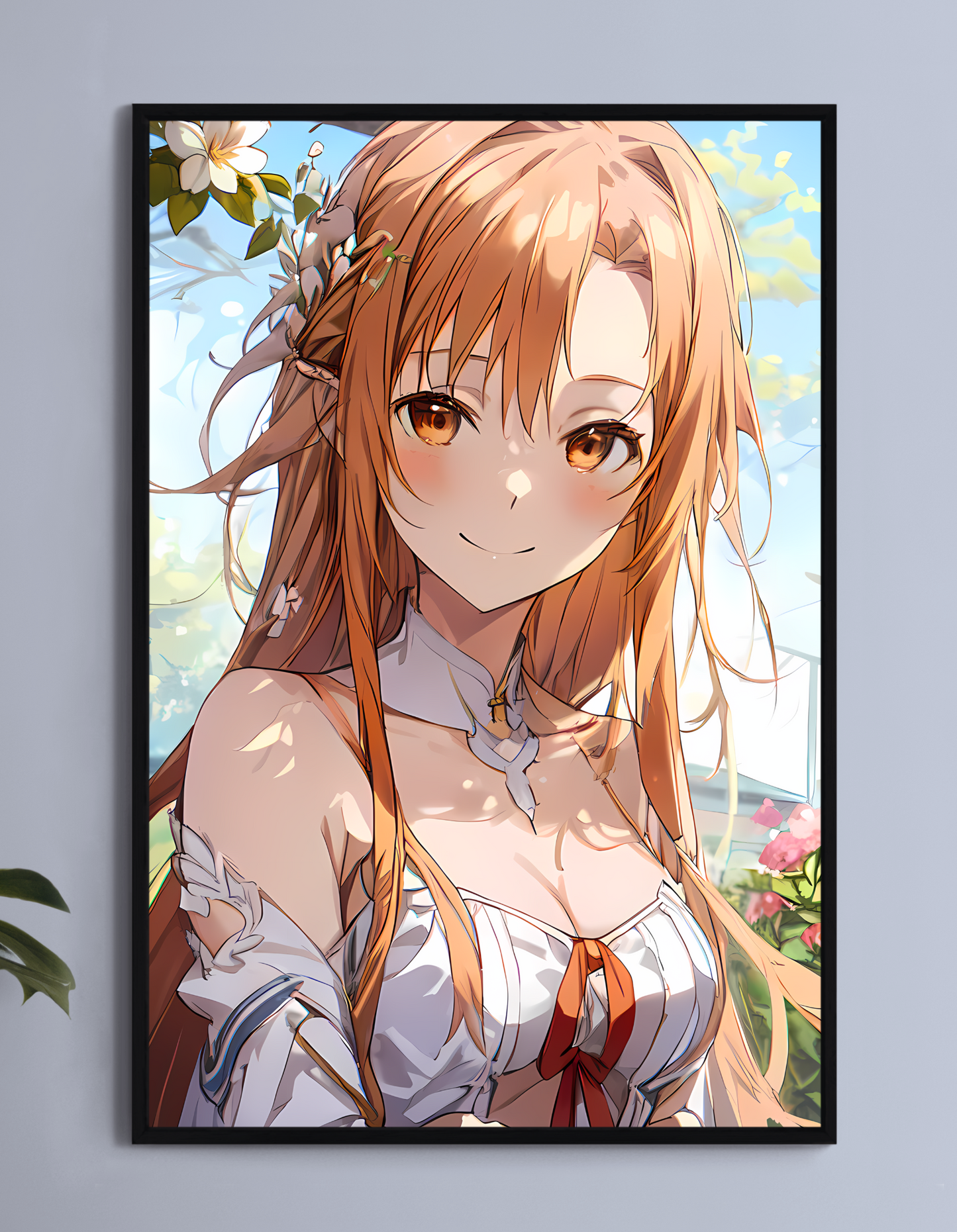 Asuna Yuuki close-up portrait in soft garden light, warm smile and flowing hair — poster print by Hikari Harmony, vivid color anime artwork.