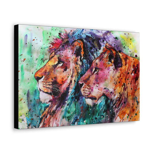 "Royal Bond – Vibrant Male & Female Lion Wall Art on canvas, acrylic, and metal – front view featuring a beautifully colored lion and lioness."
