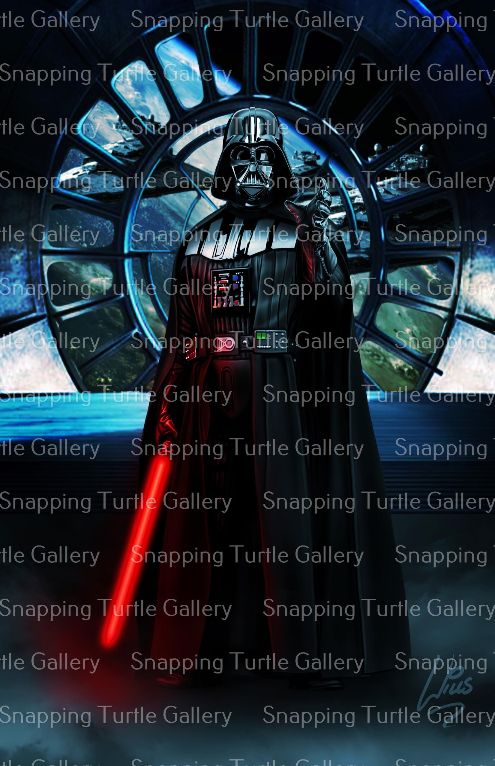 "Dark Ascendancy – Lord Vader Wall Art on canvas, acrylic, and metal – front view featuring Darth Vader in an epic, shadowed stance with red lightsaber glowing."

