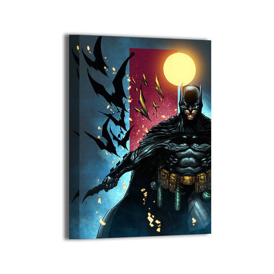 Canvas print of Batman in dramatic light with red and blue abstract sky and full moon