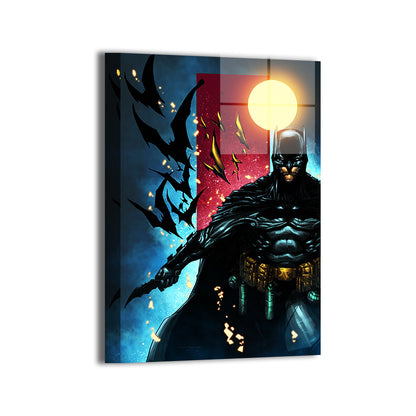 Gloss metal print of Batman with extended arm, batarangs, and cinematic nightscape  
