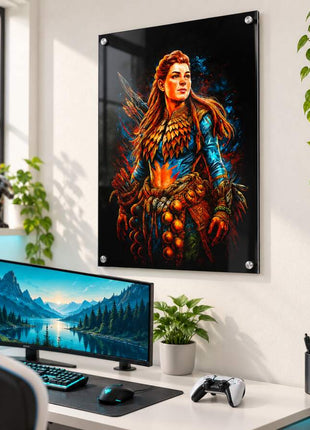 Machine Hunter's Path Aloy acrylic wall art in a bright gaming office
