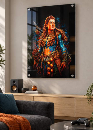 Machine Hunter's Path Aloy acrylic wall art in a modern media lounge
