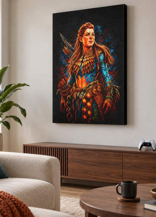 Machine Hunter's Path Aloy canvas wall art in a cozy gaming lounge